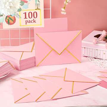 Epakh 100 Pack Valentine's Day A7 Envelopes with Gold Border 5 x 7 Envelopes for Invitations V Flap Self Adhesive Thick Mailing for Office Wedding Greeting Cards Birthday Bridal Shower(Pink)