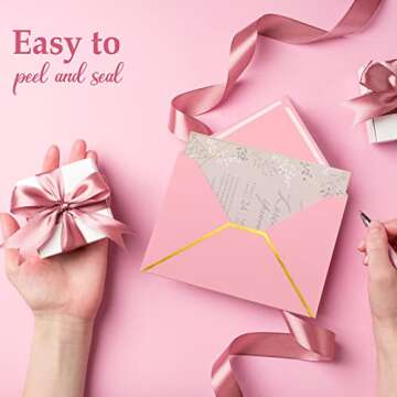 Epakh 100 Pack Valentine's Day A7 Envelopes with Gold Border 5 x 7 Envelopes for Invitations V Flap Self Adhesive Thick Mailing for Office Wedding Greeting Cards Birthday Bridal Shower(Pink)