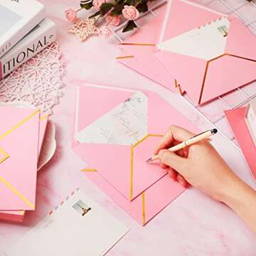 Epakh 100 Pack Valentine's Day A7 Envelopes with Gold Border 5 x 7 Envelopes for Invitations V Flap Self Adhesive Thick Mailing for Office Wedding Greeting Cards Birthday Bridal Shower(Pink)