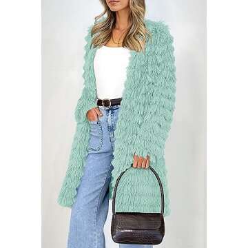 PRETTYGARDEN Women's Winter Faux Fur Jackets Fall Fashion Open Front Long Shaggy Coat Outerwear (Fruit Green,Medium)