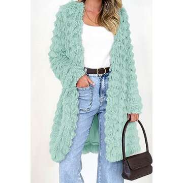 PRETTYGARDEN Women's Winter Faux Fur Jackets Fall Fashion Open Front Long Shaggy Coat Outerwear (Fruit Green,Medium)