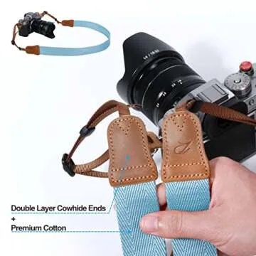 Padwa Lifestyle Light Blue Camera Strap - Double Layer top-grain Cowhide Ends,1.5"Wide Pure Cotton Woven Camera Straps,Adjustable Neck Shoulder Strap for All DSLR Cameras,Great Gift for Photographers