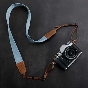 Padwa Lifestyle Light Blue Camera Strap - Double Layer top-grain Cowhide Ends,1.5"Wide Pure Cotton Woven Camera Straps,Adjustable Neck Shoulder Strap for All DSLR Cameras,Great Gift for Photographers