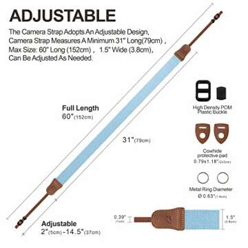 Padwa Lifestyle Light Blue Camera Strap - Double Layer top-grain Cowhide Ends,1.5"Wide Pure Cotton Woven Camera Straps,Adjustable Neck Shoulder Strap for All DSLR Cameras,Great Gift for Photographers