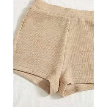 Verdusa Women's 2 Piece Outfit Ribbed Crop Bandeau Tube Top and Biker Track Shorts Sets Khaki M