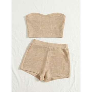 Verdusa Women's 2 Piece Outfit Ribbed Crop Bandeau Tube Top and Biker Track Shorts Sets Khaki M