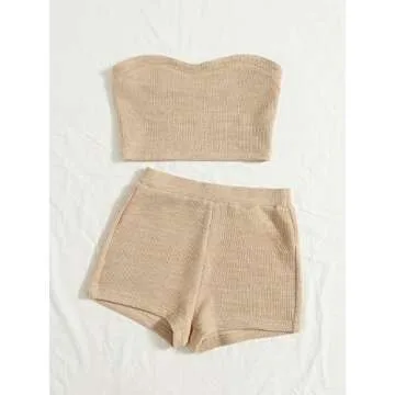 Verdusa Women's 2 Piece Outfit Ribbed Crop Bandeau Tube Top and Biker Track Shorts Sets Khaki M