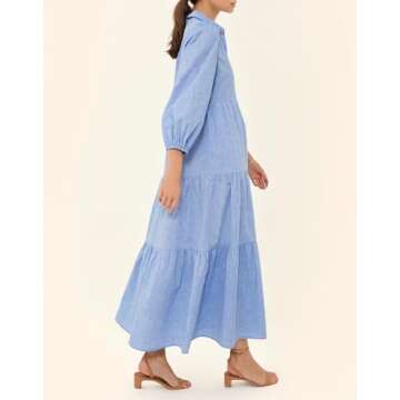 Women's Summer Maxi Dress Casual Button Up Cotton Linen Dress Smocked Flowy Tiered Long Beach Sun Dresses