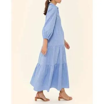 Women's Summer Maxi Dress Casual Button Up Cotton Linen Dress Smocked Flowy Tiered Long Beach Sun Dresses