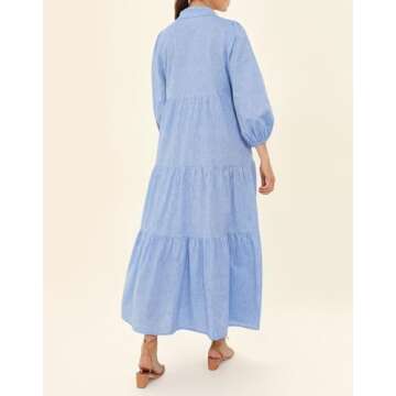 Women's Summer Maxi Dress Casual Button Up Cotton Linen Dress Smocked Flowy Tiered Long Beach Sun Dresses