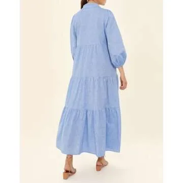 Women's Summer Maxi Dress Casual Button Up Cotton Linen Dress Smocked Flowy Tiered Long Beach Sun Dresses