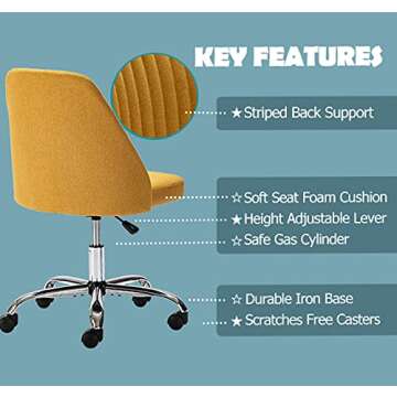 Home Office Desk Chair, Vanity Chair, Modern Adjustable Low Back Rolling Chair, Twill Upholstered Cute Office Chair, Desk Chairs with Wheels for Bedroom, Classroom, Vanity Room (Yellow)