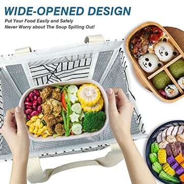 iknoe Insulated Lunch Bag for Women, 9L Sturdy Wide-Open Foldable & Portable Lunch Tote with Interior Pockets, Water-resistant Thermal Lunch Cooler for Adults Picnic Beach (White Rhombus)