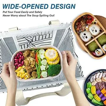 iknoe Insulated Lunch Bag for Women, 9L Sturdy Wide-Open Foldable & Portable Lunch Tote with Interior Pockets, Water-resistant Thermal Lunch Cooler for Adults Picnic Beach (White Rhombus)