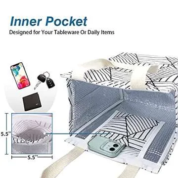 iknoe Insulated Lunch Bag for Women, 9L Sturdy Wide-Open Foldable & Portable Lunch Tote with Interior Pockets, Water-resistant Thermal Lunch Cooler for Adults Picnic Beach (White Rhombus)