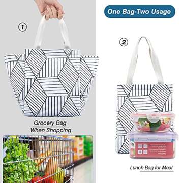 iknoe Insulated Lunch Bag for Women, 9L Sturdy Wide-Open Foldable & Portable Lunch Tote with Interior Pockets, Water-resistant Thermal Lunch Cooler for Adults Picnic Beach (White Rhombus)