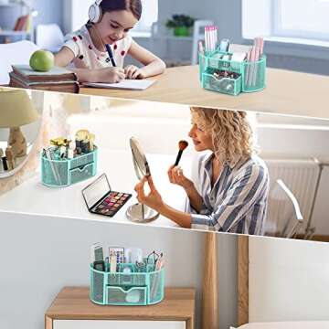 Aqua Pen Holder Organizer, Cute Office Supplies Pen and Marker Organization Essentials Desk Caddy with Drawer for Home & Office Desktop & Decor& Kitchen