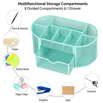Aqua Pen Holder Organizer, Cute Office Supplies Pen and Marker Organization Essentials Desk Caddy with Drawer for Home & Office Desktop & Decor& Kitchen