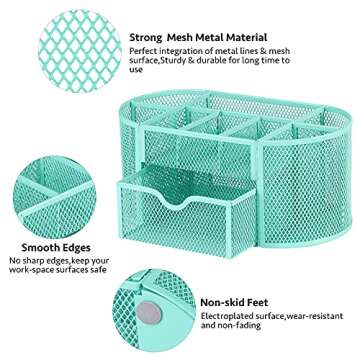 Aqua Pen Holder Organizer, Cute Office Supplies Pen and Marker Organization Essentials Desk Caddy with Drawer for Home & Office Desktop & Decor& Kitchen