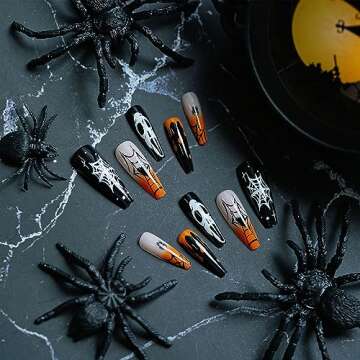Ghost Halloween Press on Nails Long Square Fake Nails Black Spider Web Heart False Nails Orange Gradient Blood Drop Acrylic Nails Day of the Dead Stick on Nails with Glue on Nails for Women