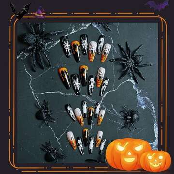 Ghost Halloween Press on Nails Long Square Fake Nails Black Spider Web Heart False Nails Orange Gradient Blood Drop Acrylic Nails Day of the Dead Stick on Nails with Glue on Nails for Women