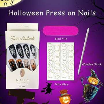 Ghost Halloween Press on Nails Long Square Fake Nails Black Spider Web Heart False Nails Orange Gradient Blood Drop Acrylic Nails Day of the Dead Stick on Nails with Glue on Nails for Women