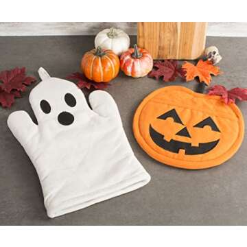 DII Halloween Cooking & Baking Collection Kitchen Accessories, Potholder & Oven Mitt Set, Ghost & Pumpkin, 2 Piece