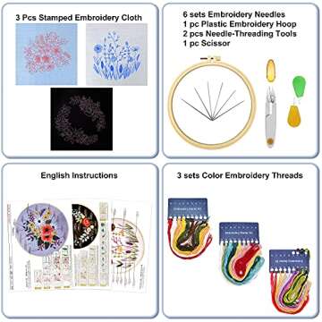 TmppDeco Embroidery Kit for Beginners - 3 Pack Embroidery Starter Kits for Adults, with Patterns and Instructions, Plastic Embroidery Hoop, Scissors, Needles and Color Threads, Needle-Threading Tools