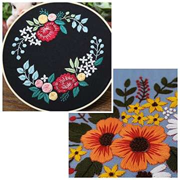 TmppDeco Embroidery Kit for Beginners - 3 Pack Embroidery Starter Kits for Adults, with Patterns and Instructions, Plastic Embroidery Hoop, Scissors, Needles and Color Threads, Needle-Threading Tools