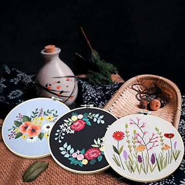 TmppDeco Embroidery Kit for Beginners - 3 Pack Embroidery Starter Kits for Adults, with Patterns and Instructions, Plastic Embroidery Hoop, Scissors, Needles and Color Threads, Needle-Threading Tools