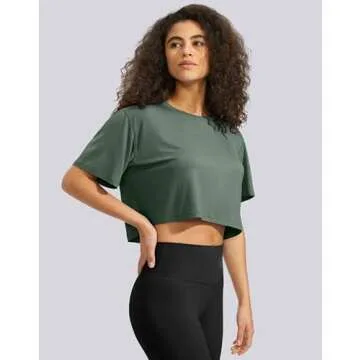SANTINY Women's Workout Crop Tops Short Sleeve Cropped T-Shirt Gym Athletic Yoga Shirts for Women (Blackish Green_L)