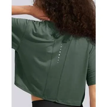 SANTINY Women's Workout Crop Tops Short Sleeve Cropped T-Shirt Gym Athletic Yoga Shirts for Women (Blackish Green_L)