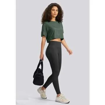 SANTINY Women's Workout Crop Tops Short Sleeve Cropped T-Shirt Gym Athletic Yoga Shirts for Women (Blackish Green_L)