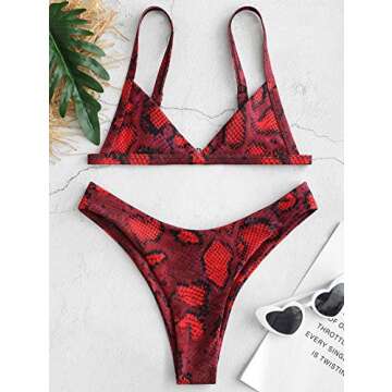 ZAFUL Women's Snakeskin Print Swimsuit High Cut Triangle Bikini Set Straps Two Piece Bathing Suit Multi-Red-A M