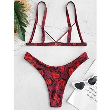 ZAFUL Women's Snakeskin Print Swimsuit High Cut Triangle Bikini Set Straps Two Piece Bathing Suit Multi-Red-A M