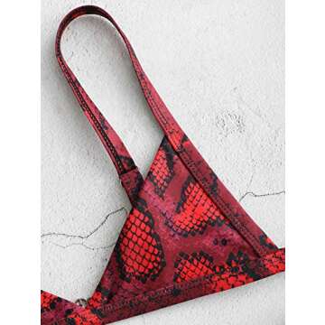 ZAFUL Women's Snakeskin Print Swimsuit High Cut Triangle Bikini Set Straps Two Piece Bathing Suit Multi-Red-A M