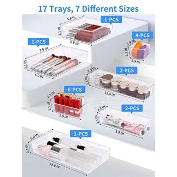JARLINK 17 Pack Desk Drawer Organizer Trays with 7 Different Sizes, Versatile Clear Drawer Organizers Storage for Bathroom, Makeup, Bedroom, Kitchen, Office Supplies, Craft