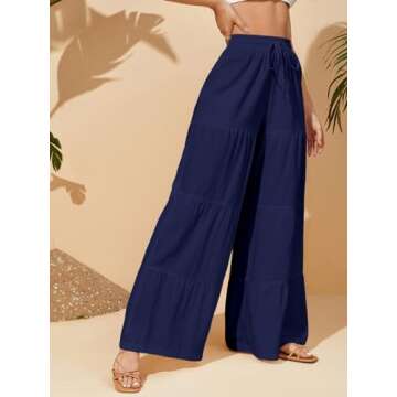 LilyCoco Women's Wide Leg Palazzo Pants High Waisted Ruffle Flowy Trousers Baggy Elastic Bell Bottom Navy Small