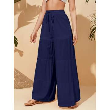 LilyCoco Women's Wide Leg Palazzo Pants High Waisted Ruffle Flowy Trousers Baggy Elastic Bell Bottom Navy Small