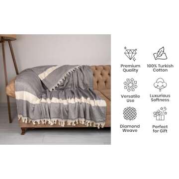 DEMMEX XXXL 90x82” Oeko-TEX Certified 100% Turkish Cotton Blanket – Beach, Picnic, Camping, Bedspread & Throw - Oversized King/Queen - Farmhouse Bohemian, 3lb, Made in Turkey, Beige