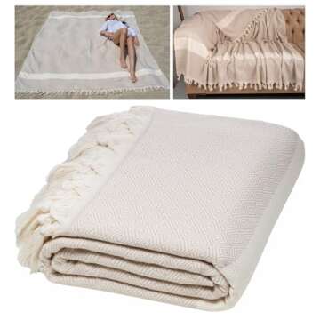 DEMMEX XXXL 90x82” Oeko-TEX Certified 100% Turkish Cotton Blanket – Beach, Picnic, Camping, Bedspread & Throw - Oversized King/Queen - Farmhouse Bohemian, 3lb, Made in Turkey, Beige