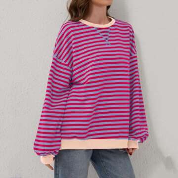 Free People Look Alike, Womens Crewneck Oversized Sweatshirt Casual Striped Long Sleeve Pullover Tops Spring Fashion 2024 Outfits Y2k Clothes, Oversized Crewneck Sweatshirt Women, Hot Pink,M
