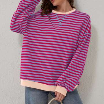 Free People Look Alike, Womens Crewneck Oversized Sweatshirt Casual Striped Long Sleeve Pullover Tops Spring Fashion 2024 Outfits Y2k Clothes, Oversized Crewneck Sweatshirt Women, Hot Pink,M