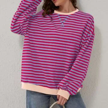 Free People Look Alike, Womens Crewneck Oversized Sweatshirt Casual Striped Long Sleeve Pullover Tops Spring Fashion 2024 Outfits Y2k Clothes, Oversized Crewneck Sweatshirt Women, Hot Pink,M