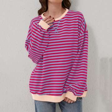 Free People Look Alike, Womens Crewneck Oversized Sweatshirt Casual Striped Long Sleeve Pullover Tops Spring Fashion 2024 Outfits Y2k Clothes, Oversized Crewneck Sweatshirt Women, Hot Pink,M