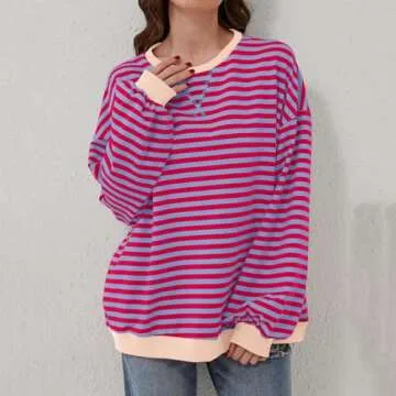 Free People Look Alike, Womens Crewneck Oversized Sweatshirt Casual Striped Long Sleeve Pullover Tops Spring Fashion 2024 Outfits Y2k Clothes, Oversized Crewneck Sweatshirt Women, Hot Pink,M