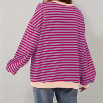 Free People Look Alike, Womens Crewneck Oversized Sweatshirt Casual Striped Long Sleeve Pullover Tops Spring Fashion 2024 Outfits Y2k Clothes, Oversized Crewneck Sweatshirt Women, Hot Pink,M