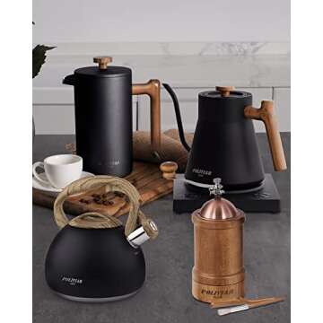 POLIVIAR Electric Gooseneck Kettle, 1200W Electric Tea Kettle Real Wood Handle, 34oz Pour Over Electric Kettle for Coffee & Tea, 18/8 Stainless Steel Inner, Temperature Control & Rapid Heating