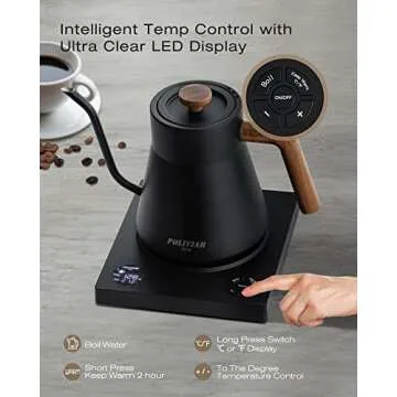 POLIVIAR Electric Gooseneck Kettle, 1200W Electric Tea Kettle Real Wood Handle, 34oz Pour Over Electric Kettle for Coffee & Tea, 18/8 Stainless Steel Inner, Temperature Control & Rapid Heating