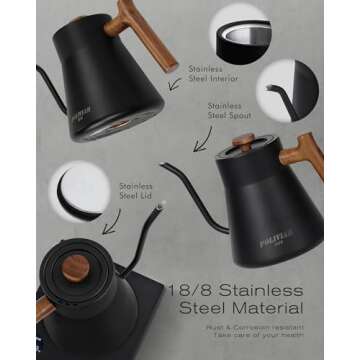 POLIVIAR Electric Gooseneck Kettle, 1200W Electric Tea Kettle Real Wood Handle, 34oz Pour Over Electric Kettle for Coffee & Tea, 18/8 Stainless Steel Inner, Temperature Control & Rapid Heating
